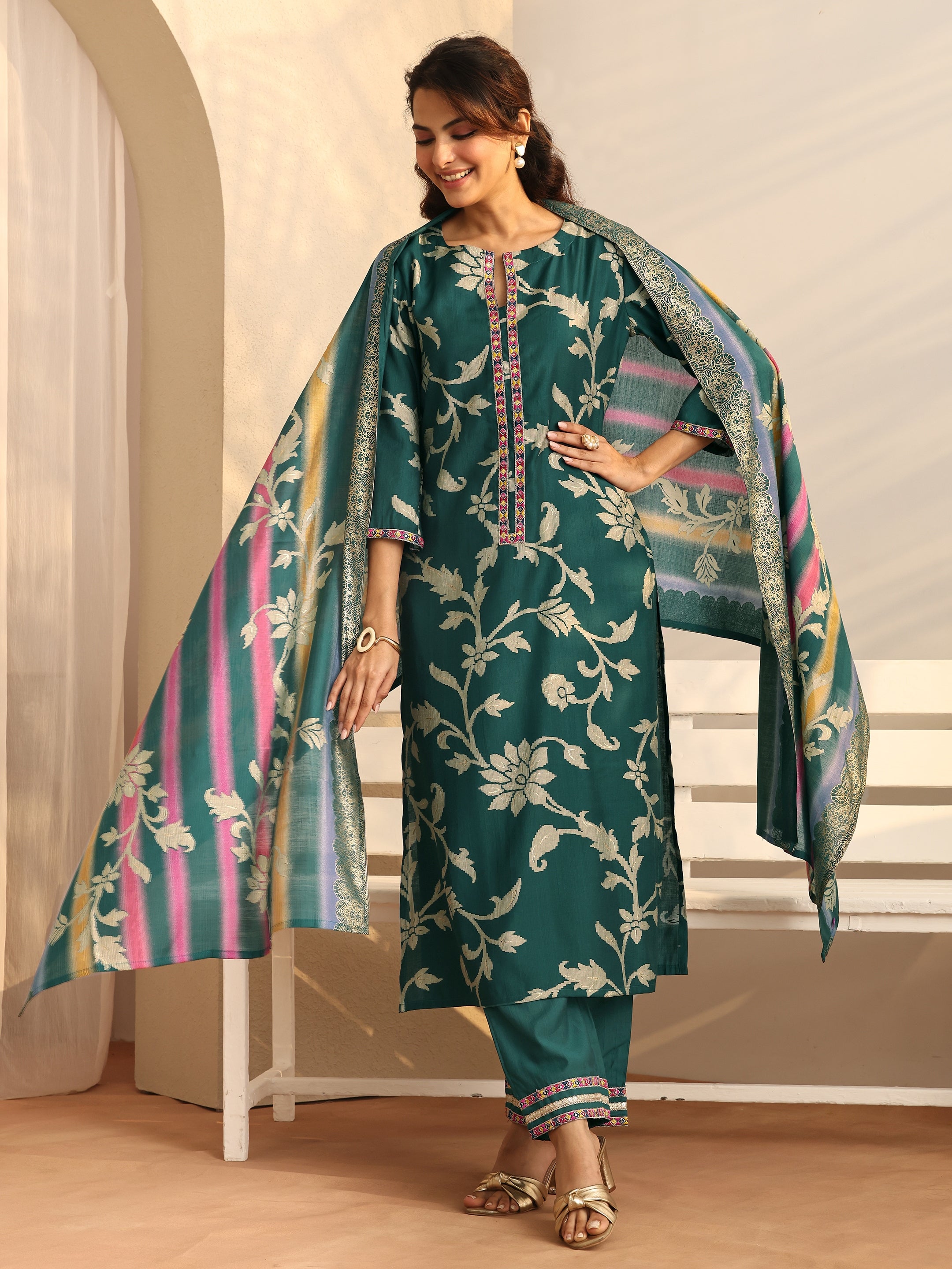 libas Teal Printed Silk Blend Straight Suit Set With Dupatta-picture-49