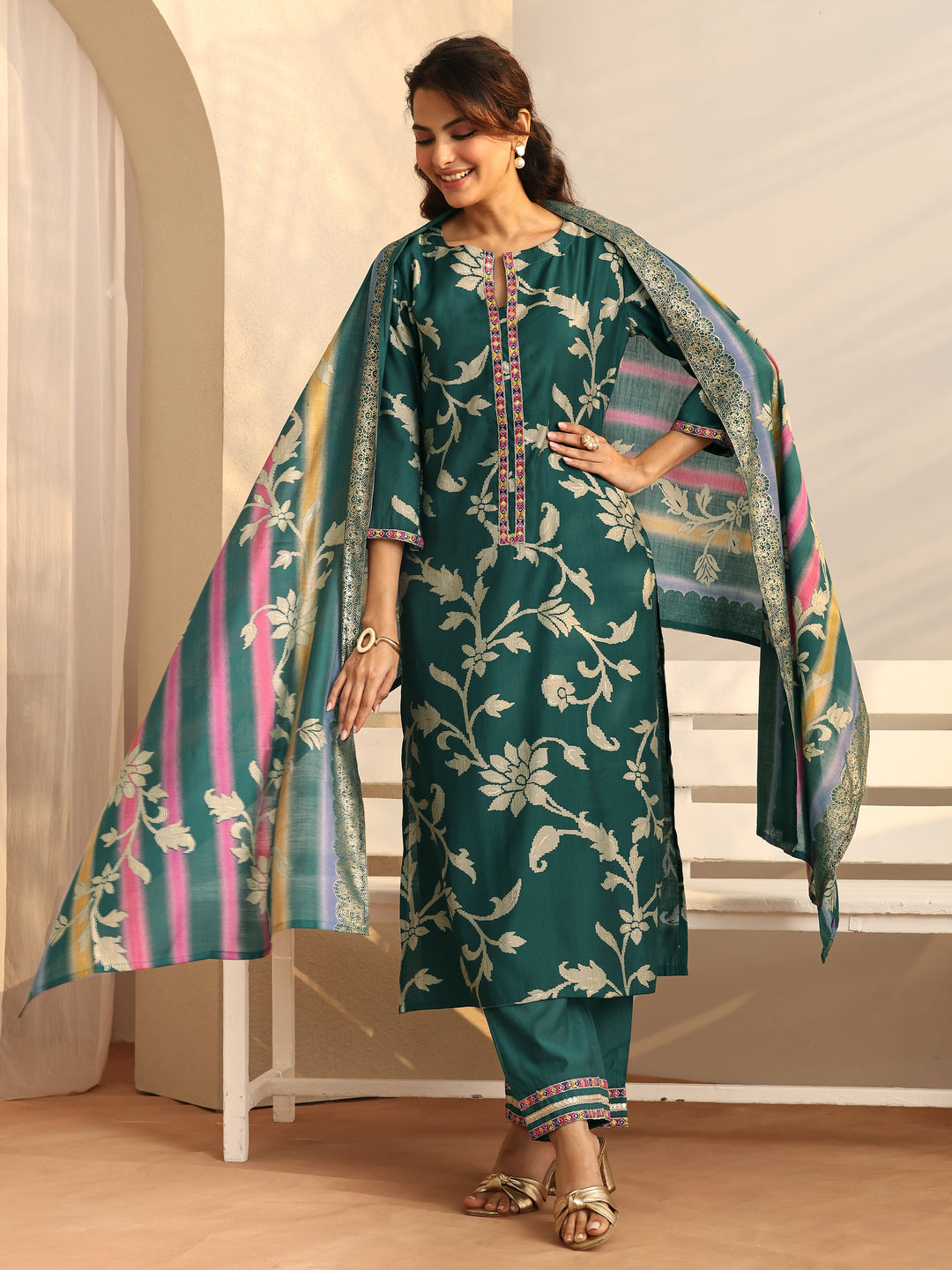Teal Printed Silk Blend Straight Suit Set With Dupatta