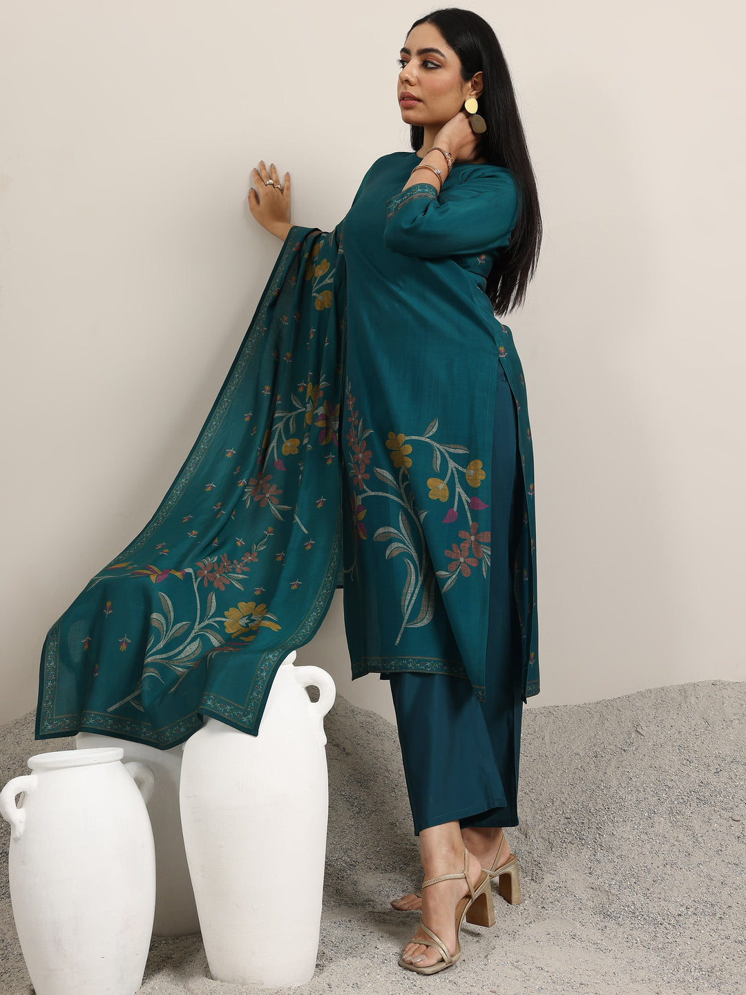  Teal Printed Silk Blend Straight Suit With Dupatta 