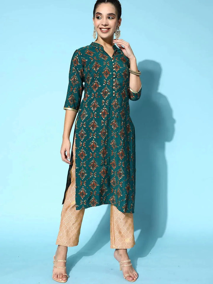 Teal Printed Silk Straight Kurta - Libas