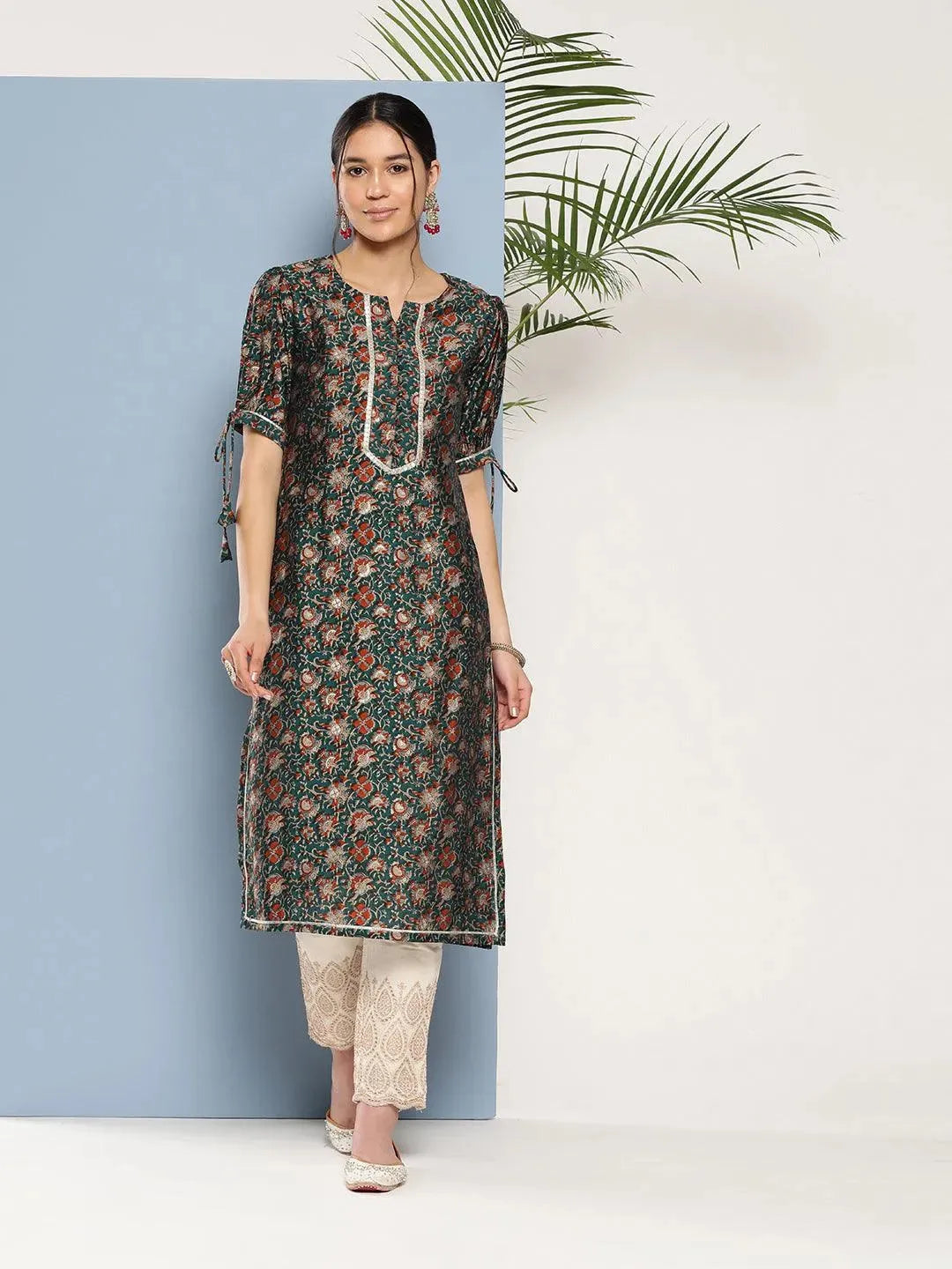 Teal Printed Silk Straight Kurta - Libas