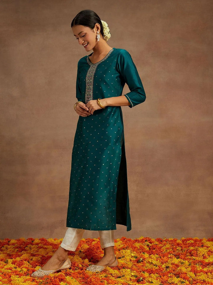 Teal Printed Silk Straight Kurta - Libas