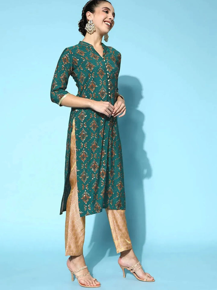 Teal Printed Silk Straight Kurta - Libas