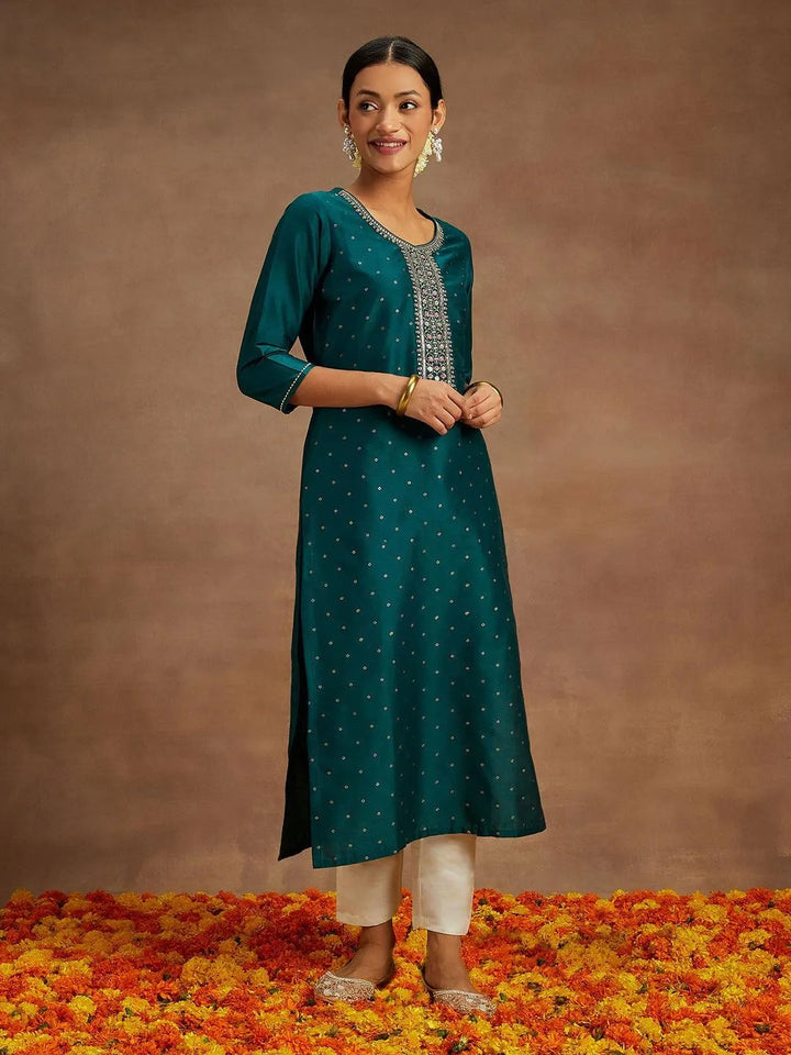Teal Printed Silk Straight Kurta - Libas