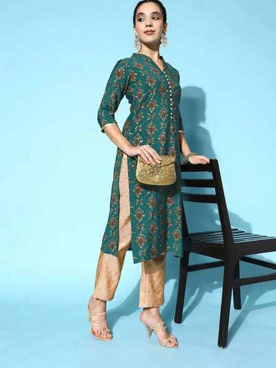 Teal Printed Silk Straight Kurta - Libas