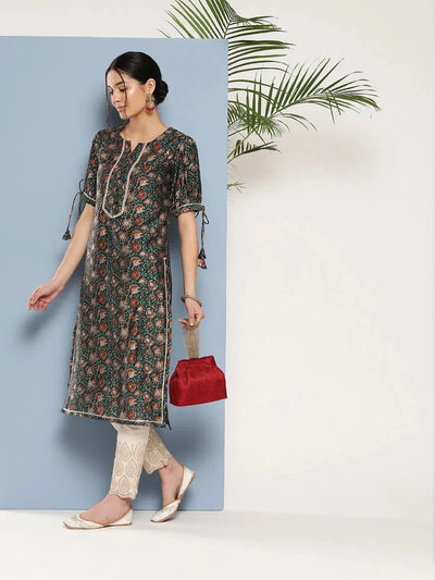 Teal Printed Silk Straight Kurta - Libas