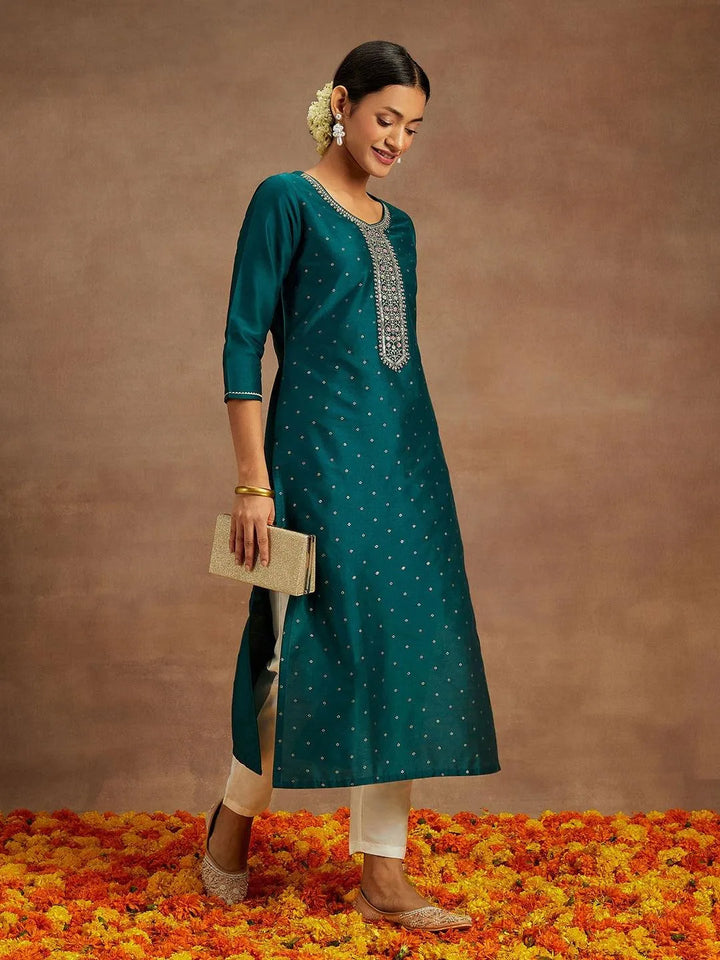 Teal Printed Silk Straight Kurta - Libas