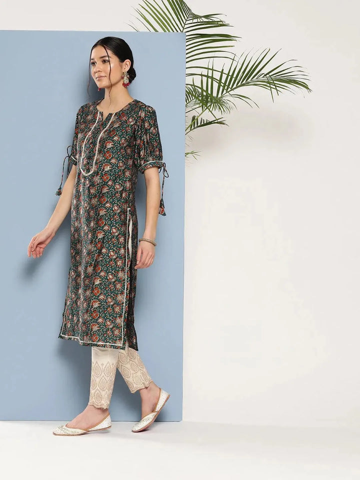 Teal Printed Silk Straight Kurta - Libas