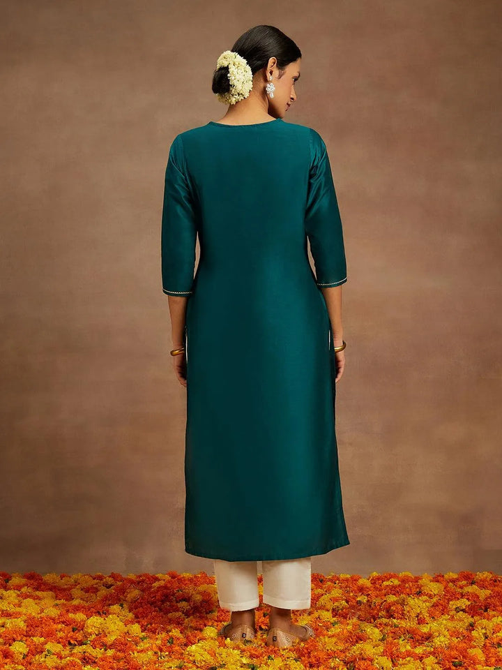 Teal Printed Silk Straight Kurta - Libas
