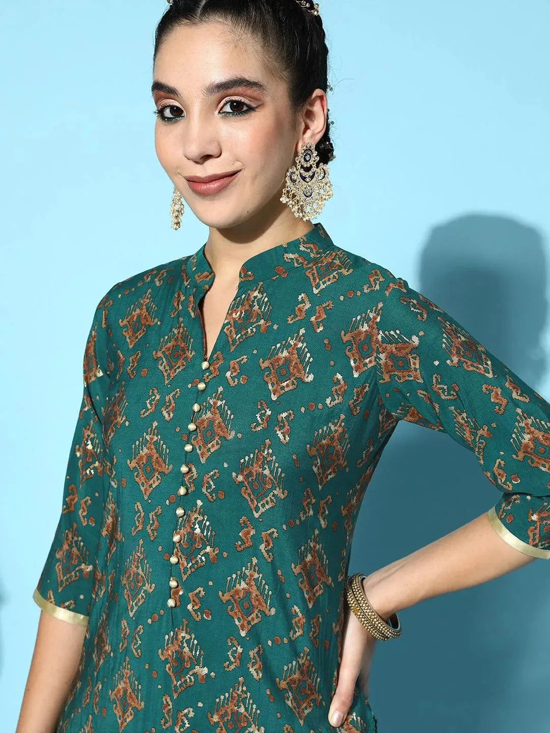 Teal Printed Silk Straight Kurta - Libas