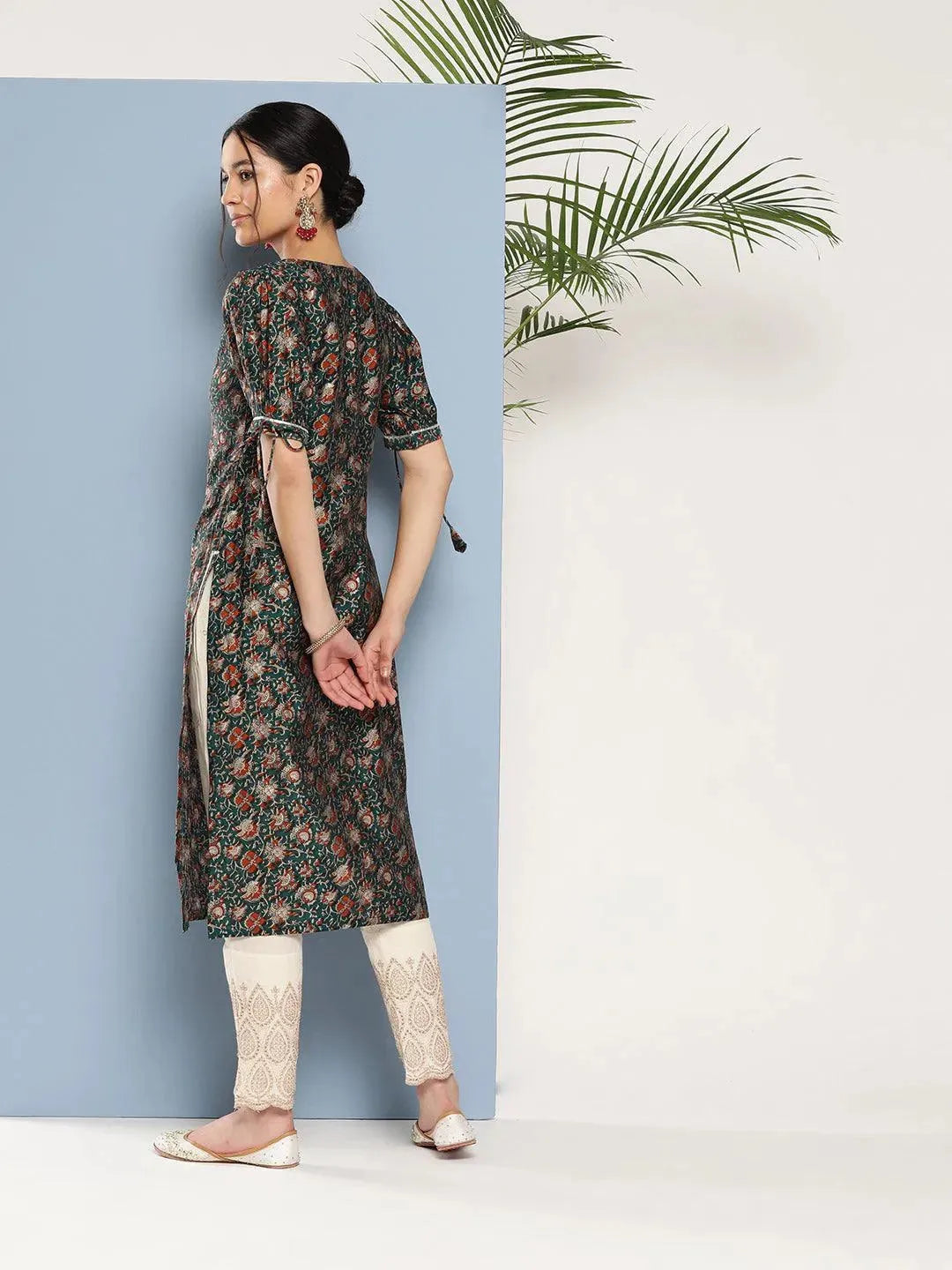 Teal Printed Silk Straight Kurta - Libas 