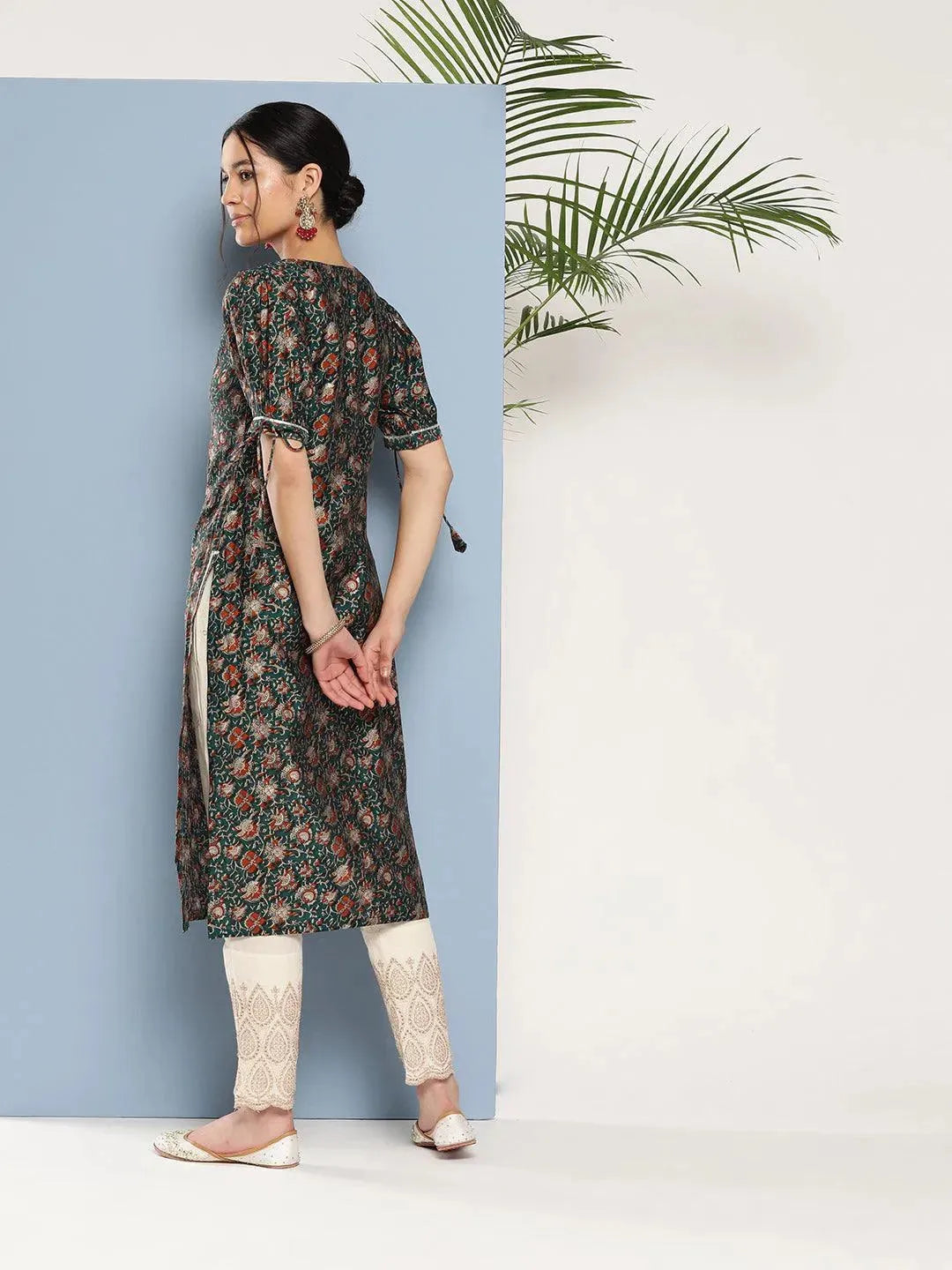 Teal Printed Silk Straight Kurta - Libas