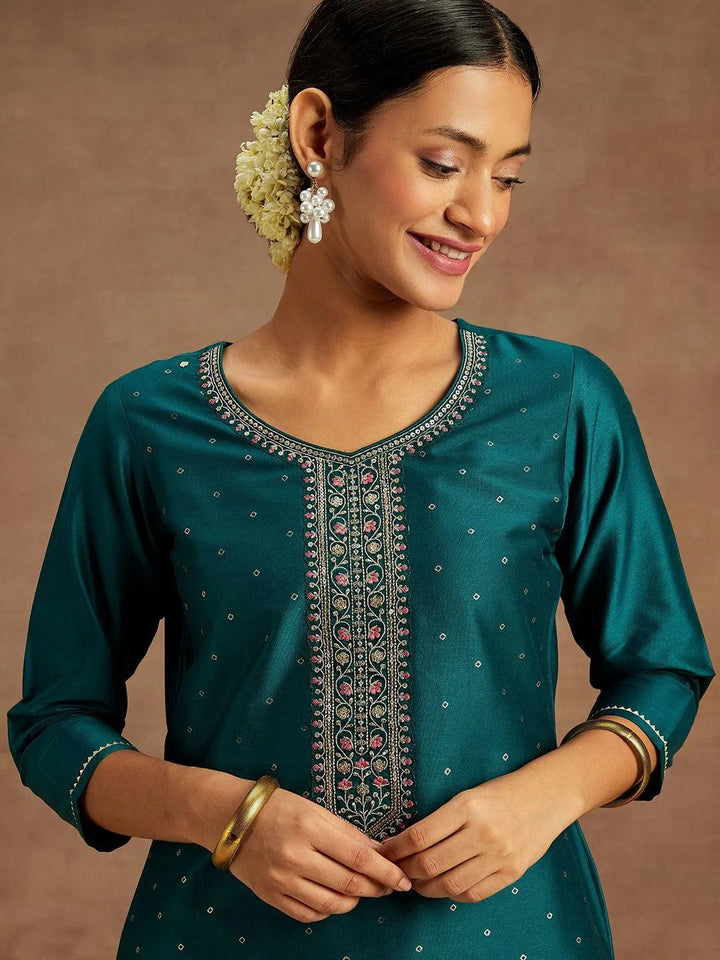 Teal Printed Silk Straight Kurta - Libas