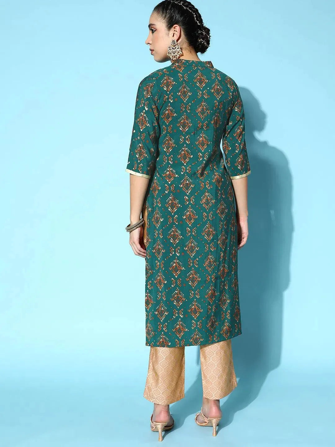 Teal Printed Silk Straight Kurta - Libas