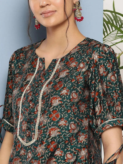 Teal Printed Silk Straight Kurta - Libas