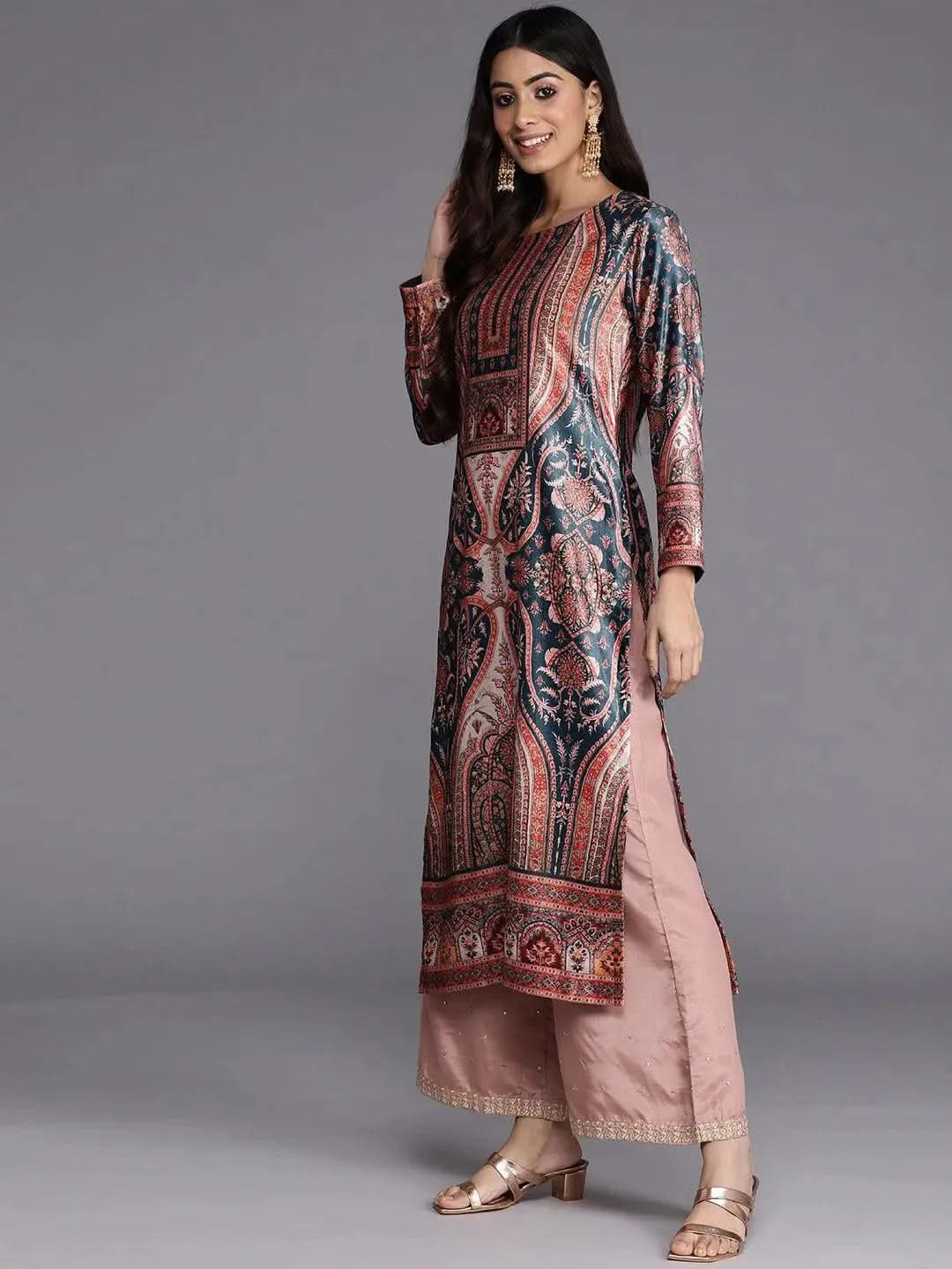 

Teal Printed Velvet Straight Kurta
