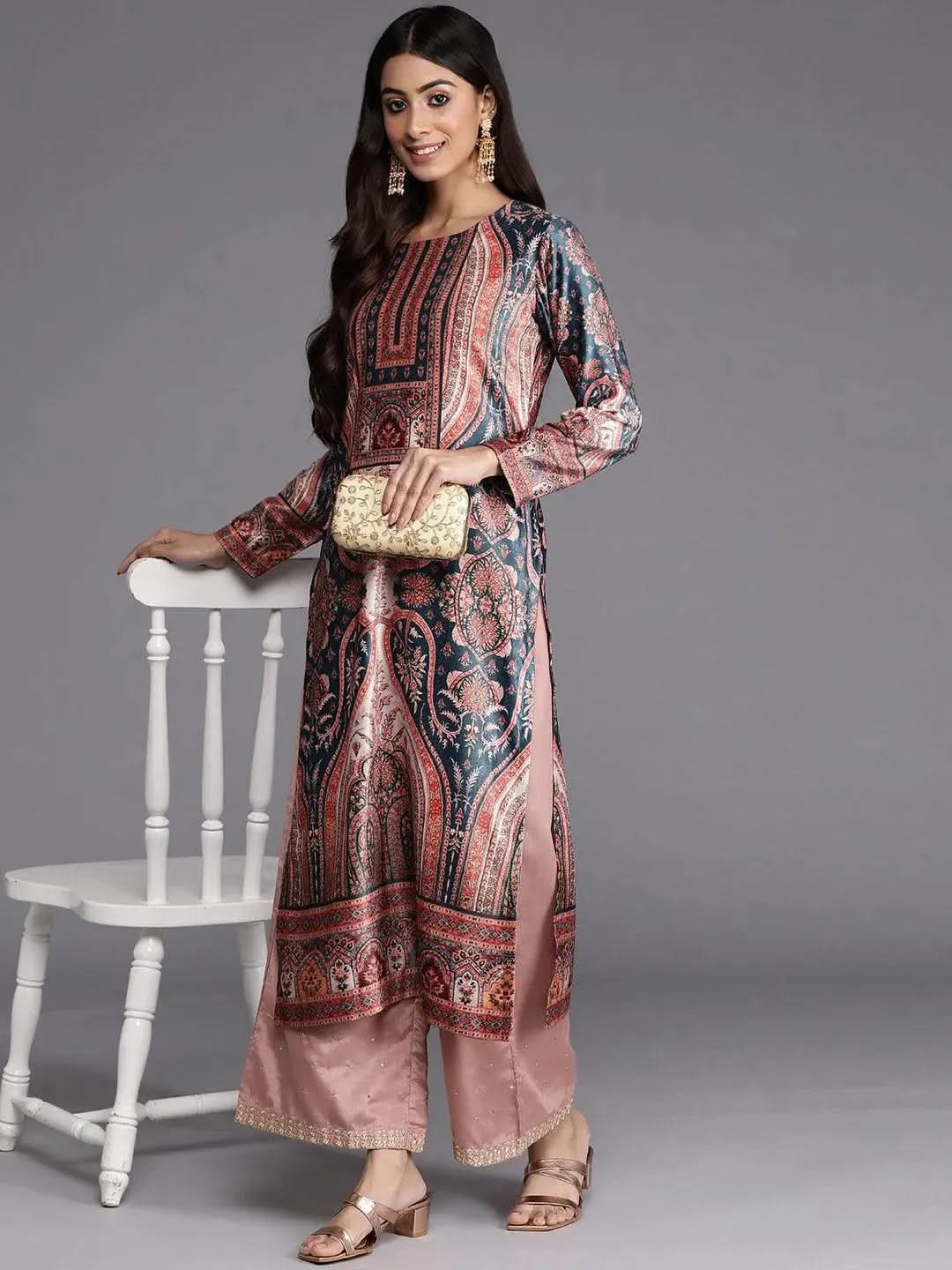 Teal Printed Velvet Straight Kurta - Libas 