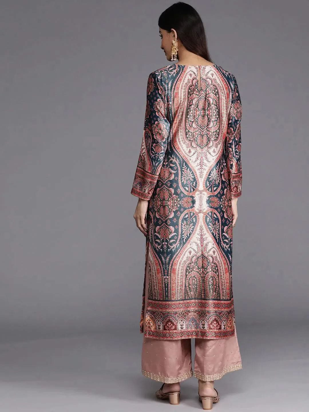 Teal Printed Velvet Straight Kurta - Libas 