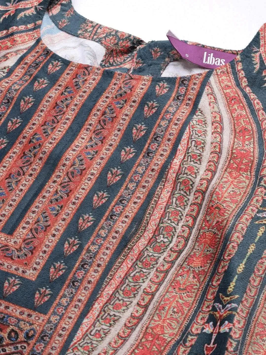 Teal Printed Velvet Straight Kurta - Libas 
