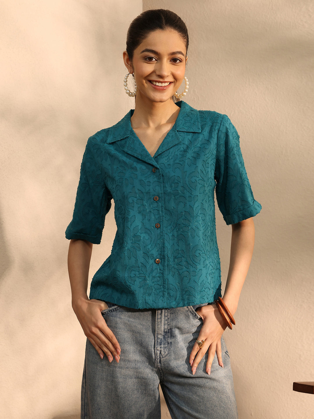 Teal Self Design Cotton Straight Shirt