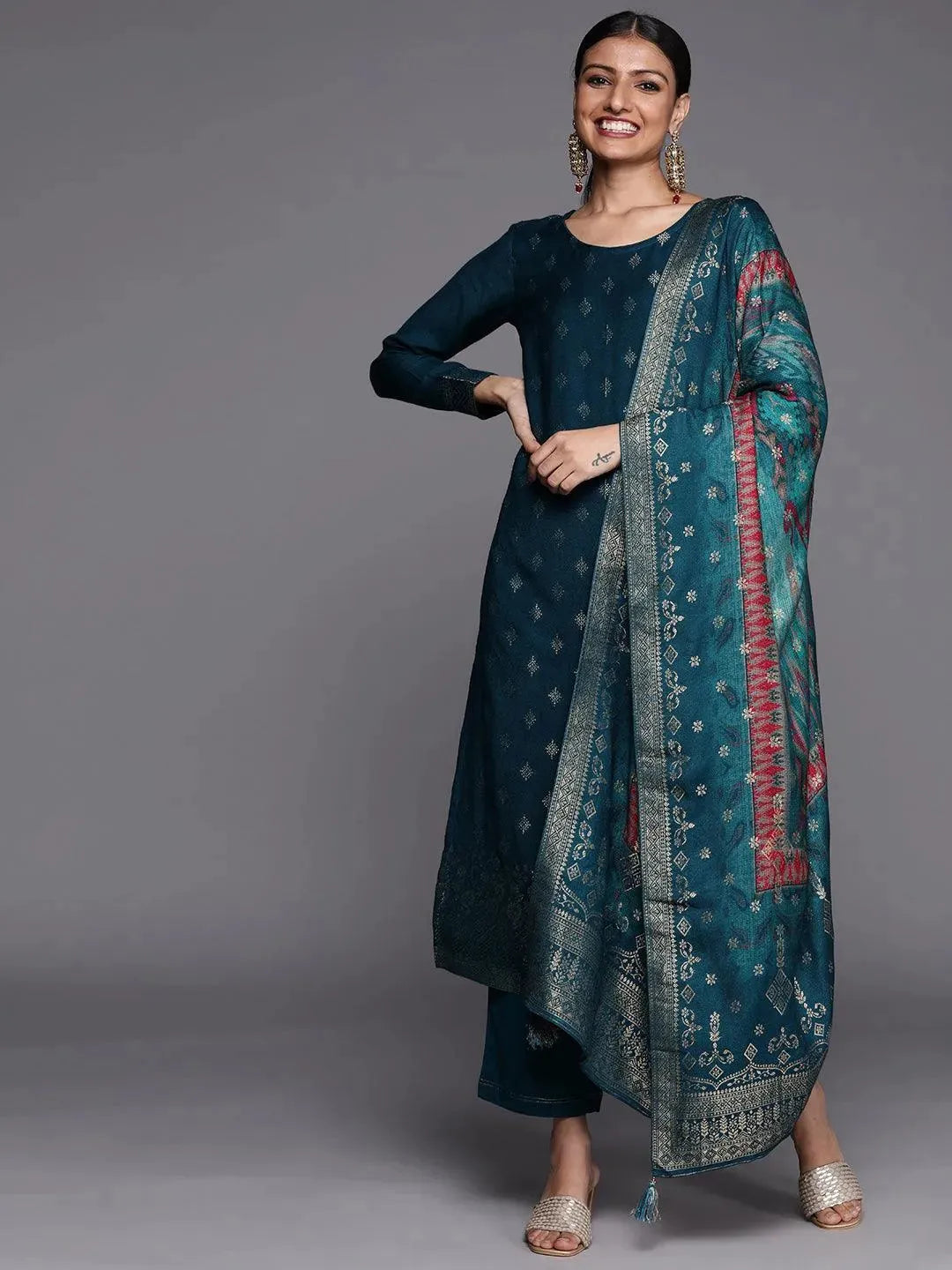 Teal Self Design Pashmina Wool Straight Suit Set - Libas 