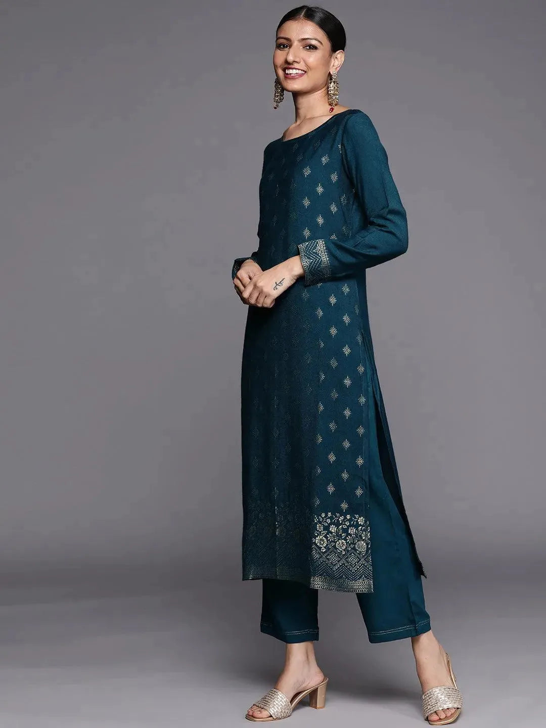 Teal Self Design Pashmina Wool Straight Suit Set - Libas 