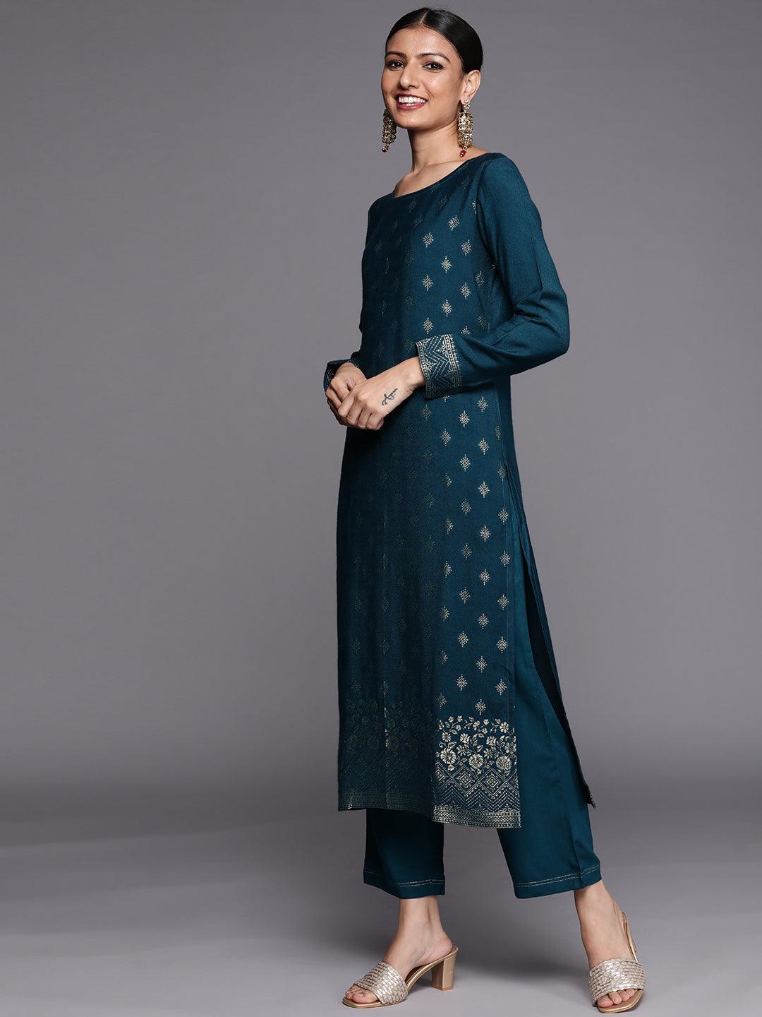 Teal Self Design Pashmina Wool Straight Suit Set - Libas