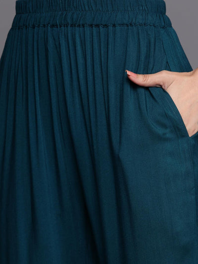 Teal Self Design Pashmina Wool Straight Suit Set - Libas