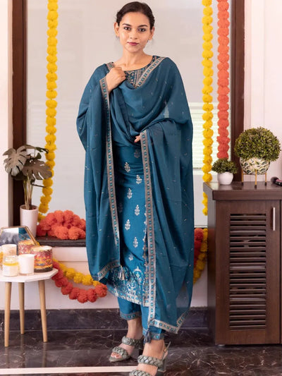 Teal Self Design Silk Suit Set - Libas