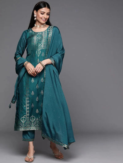 Teal Self Design Silk Suit Set - Libas