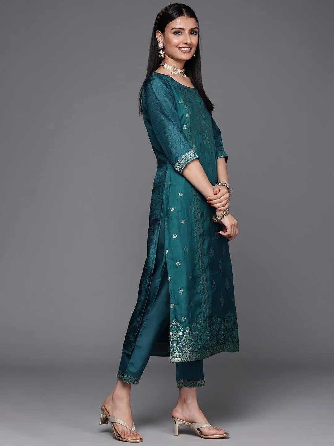 Teal Self Design Silk Suit Set - Libas