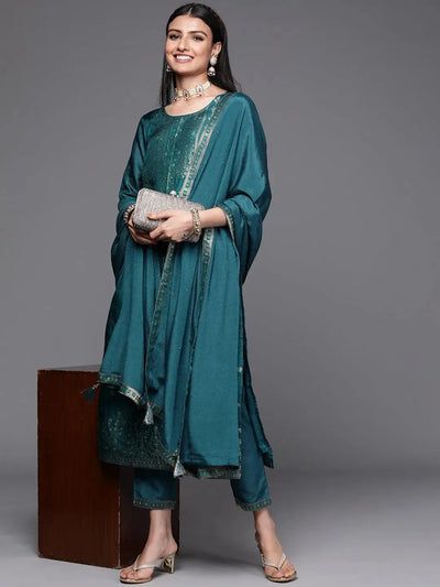 Teal Self Design Silk Suit Set - Libas