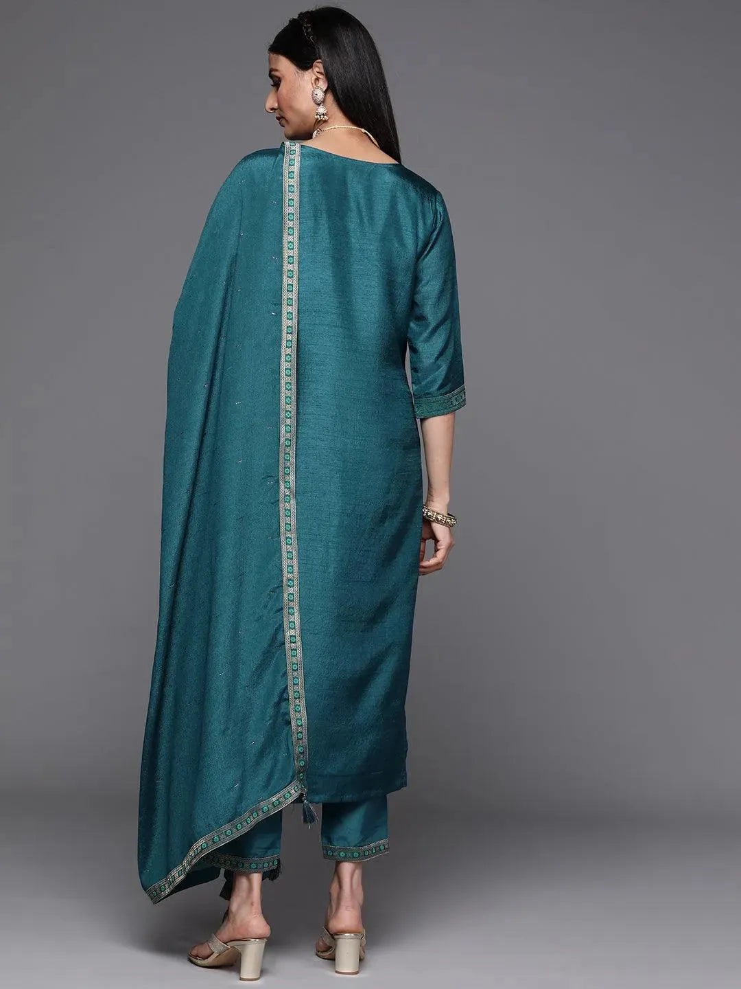 Teal Self Design Silk Suit Set - Libas