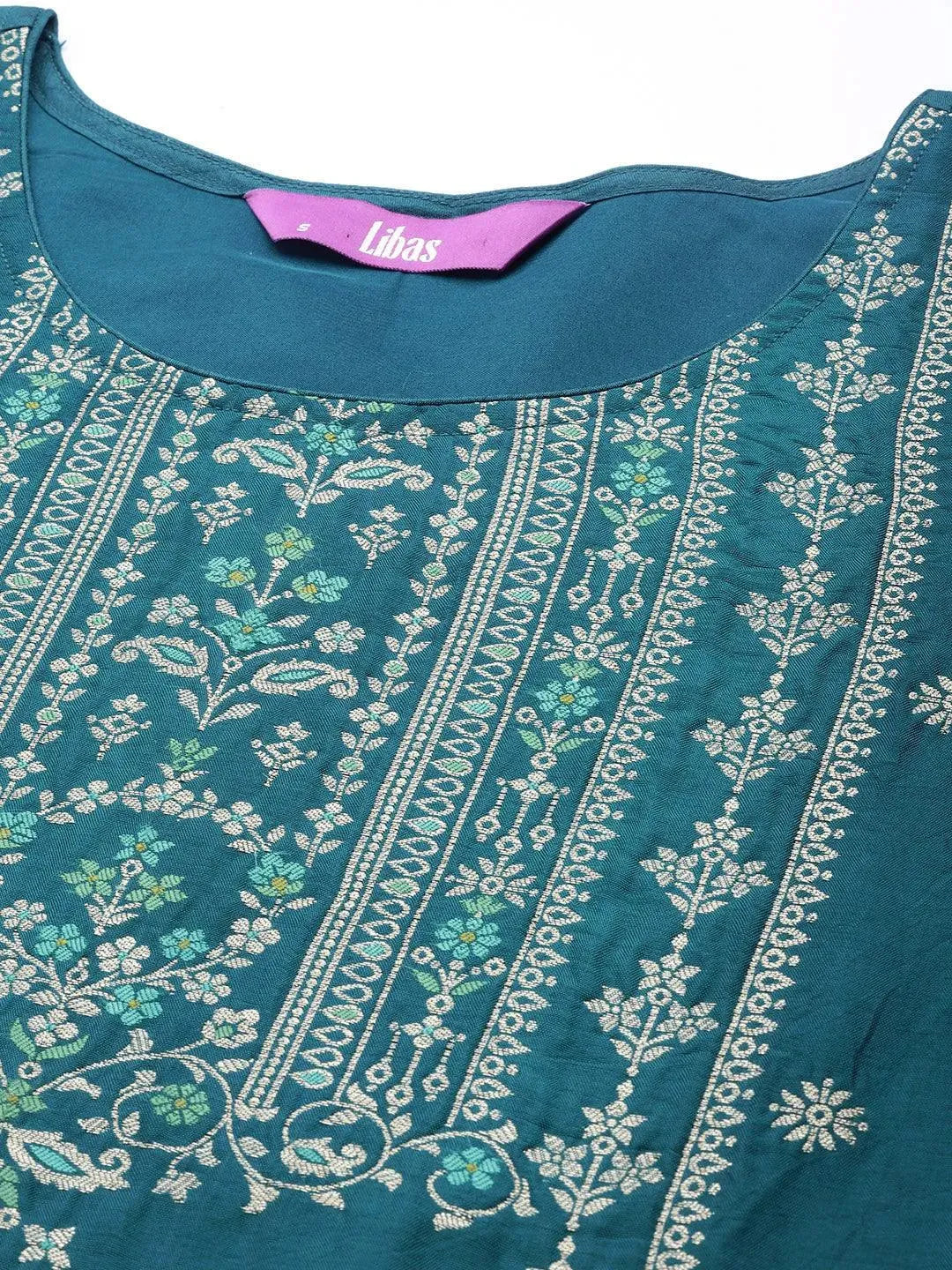 Teal Self Design Silk Suit Set - Libas 
