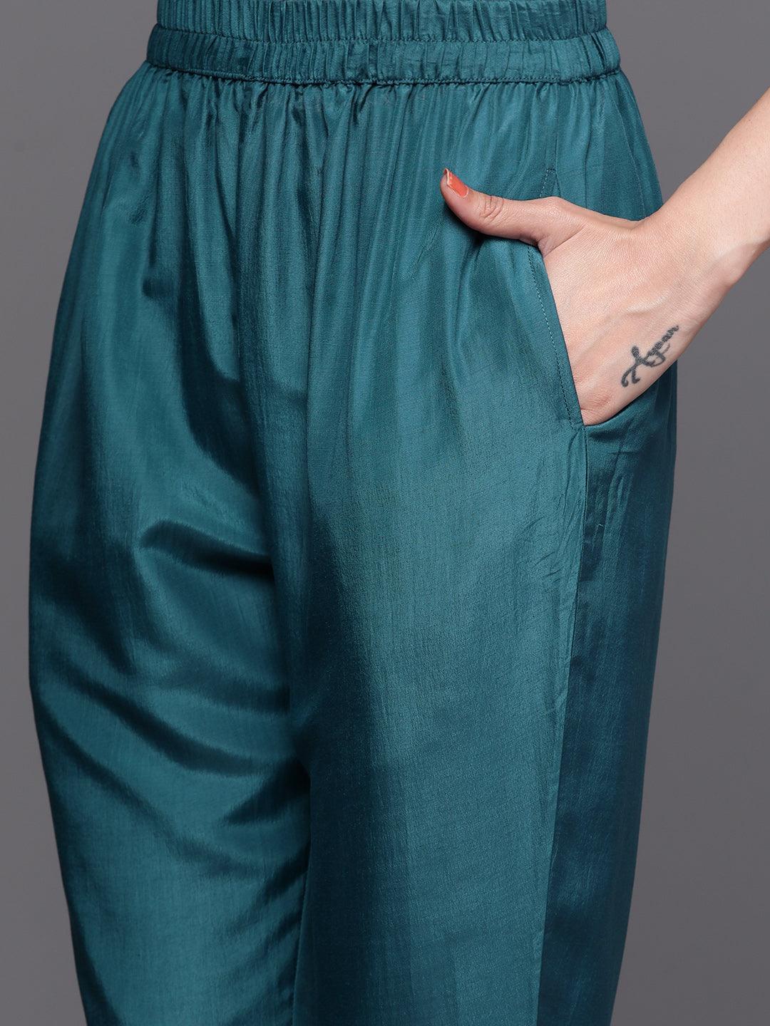 Teal Self Design Silk Suit Set - Libas