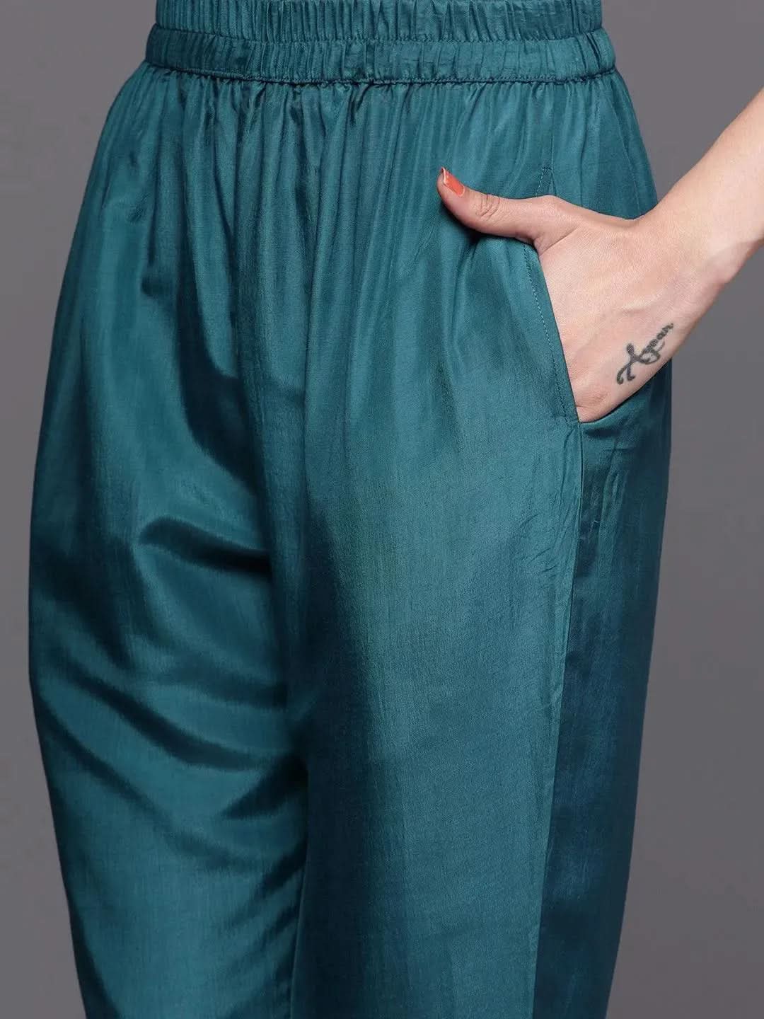 

Teal Self Design Silk Straight Kurta With Dupatta