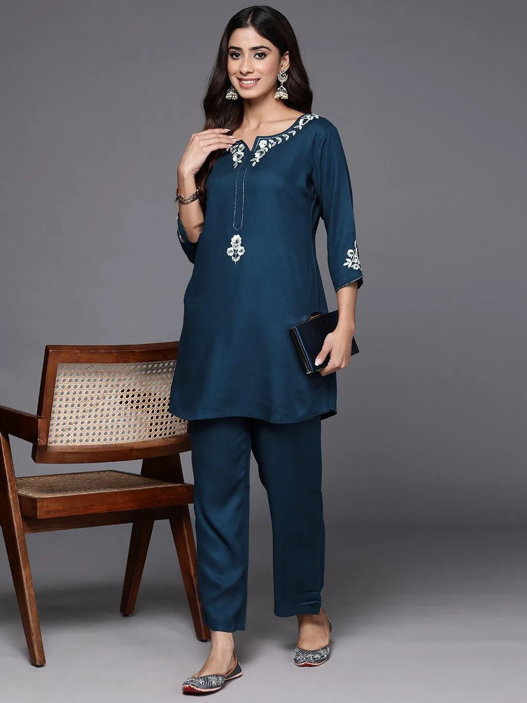 Teal Self Design Wool Blend Tunic With Trousers - Libas 