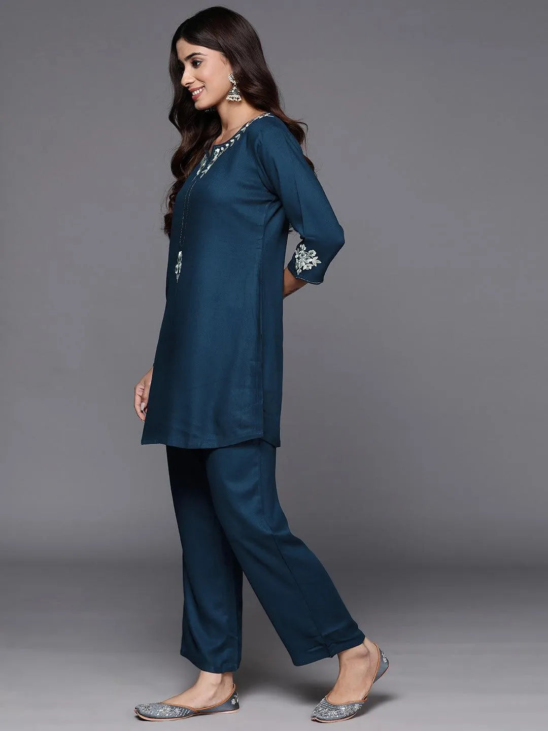 Teal Self Design Wool Blend Tunic With Trousers - Libas 