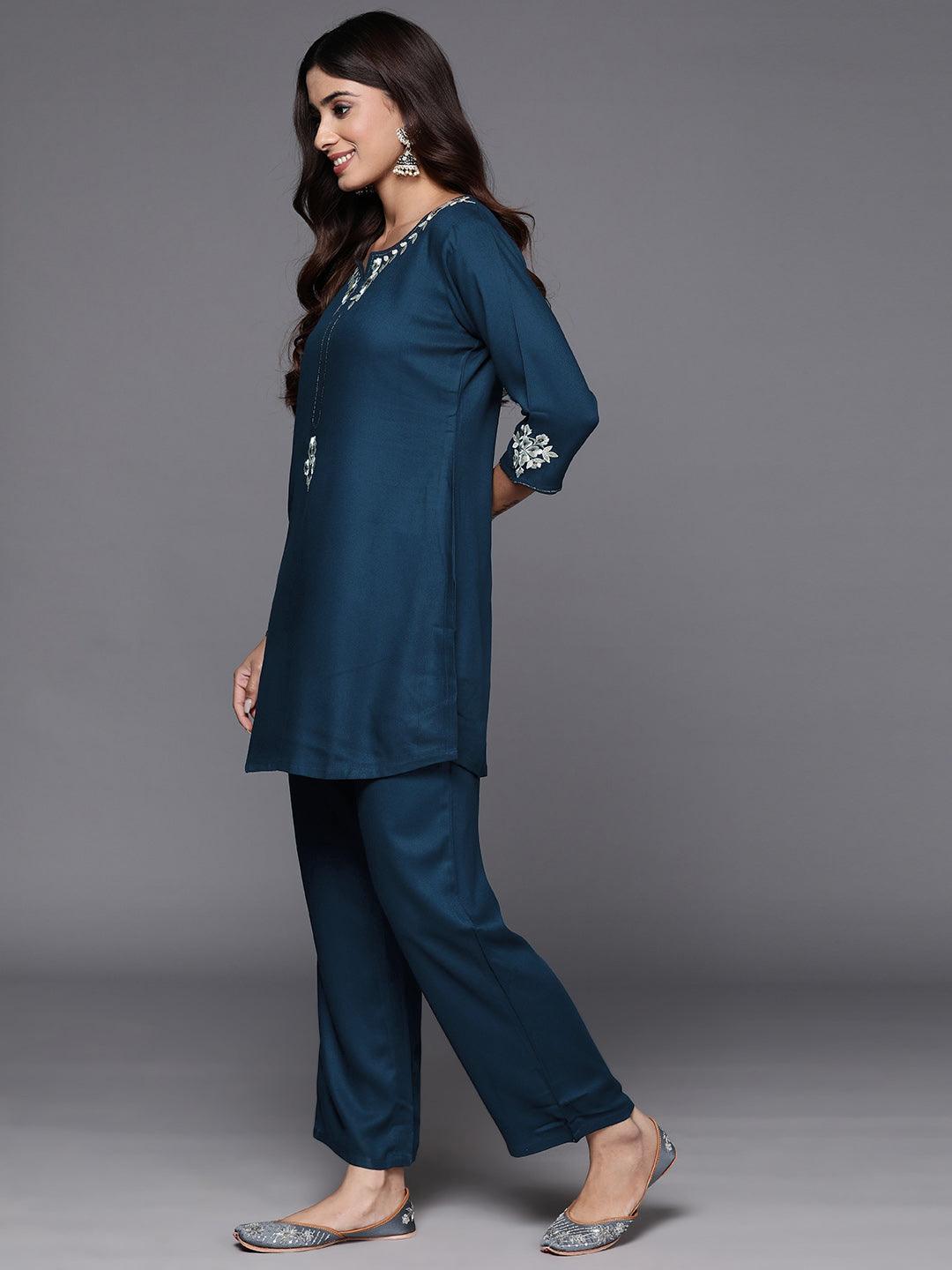 Teal Self Design Wool Blend Tunic With Trousers - Libas