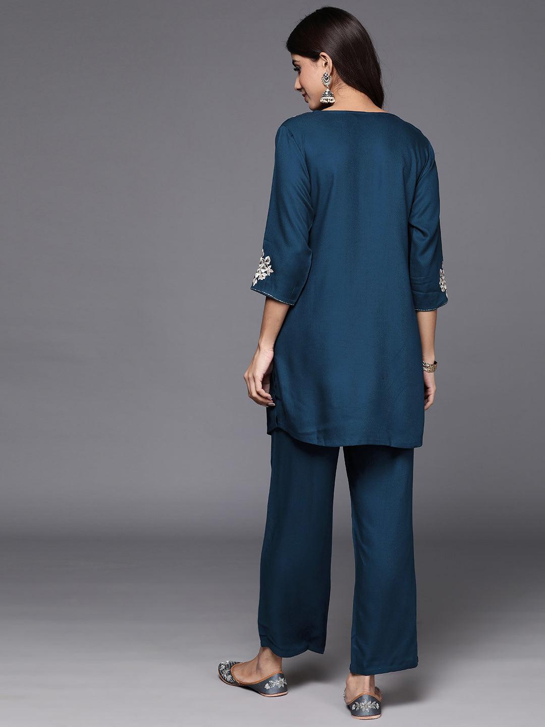 Teal Self Design Wool Blend Tunic With Trousers - Libas