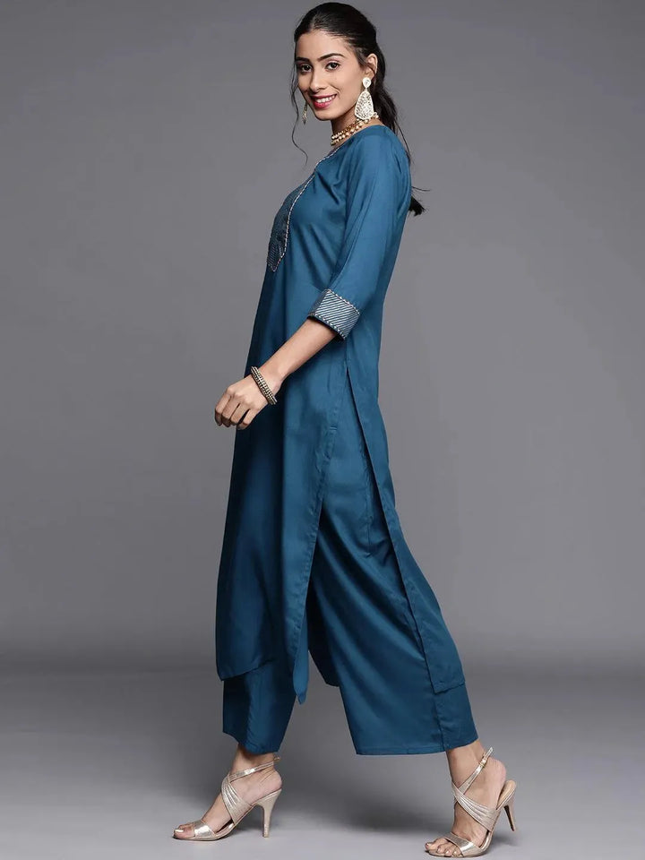 Teal Solid Viscose Rayon Suit Set - Libas