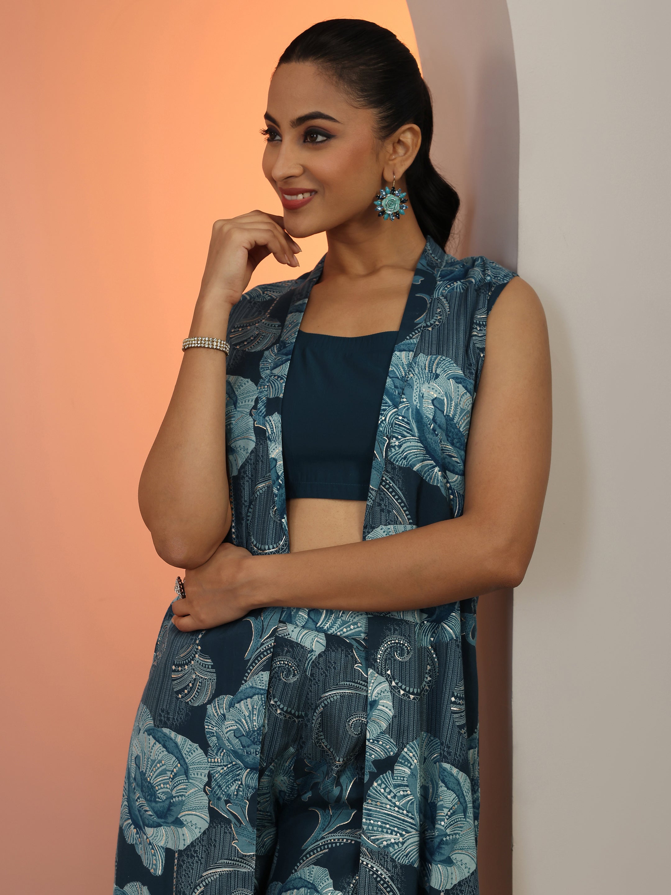 Teal Solid Silk Blend Co-Ord Sets-image-47