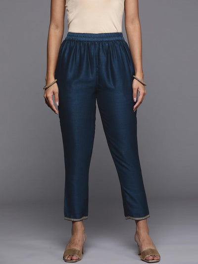Teal Solid Silk Blend Trousers - Libas