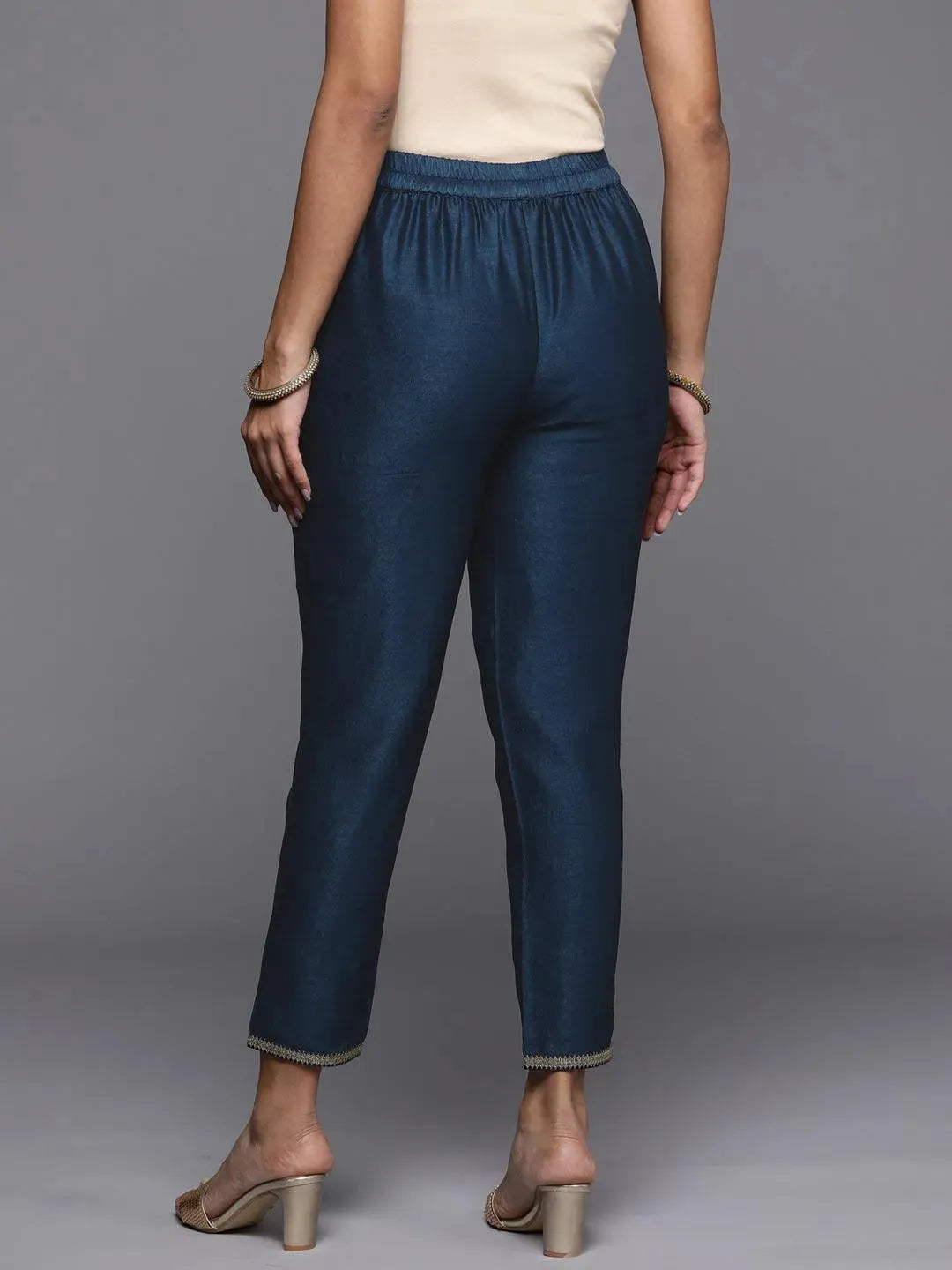 Teal Solid Silk Blend Trousers - Libas 
