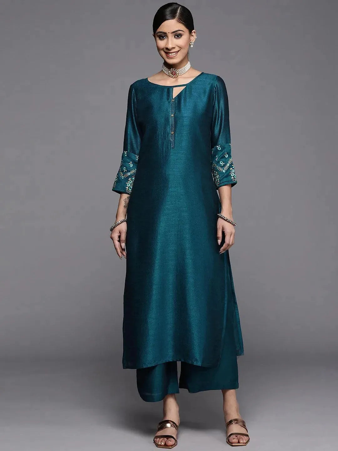 Teal Solid Silk Kurta - Libas