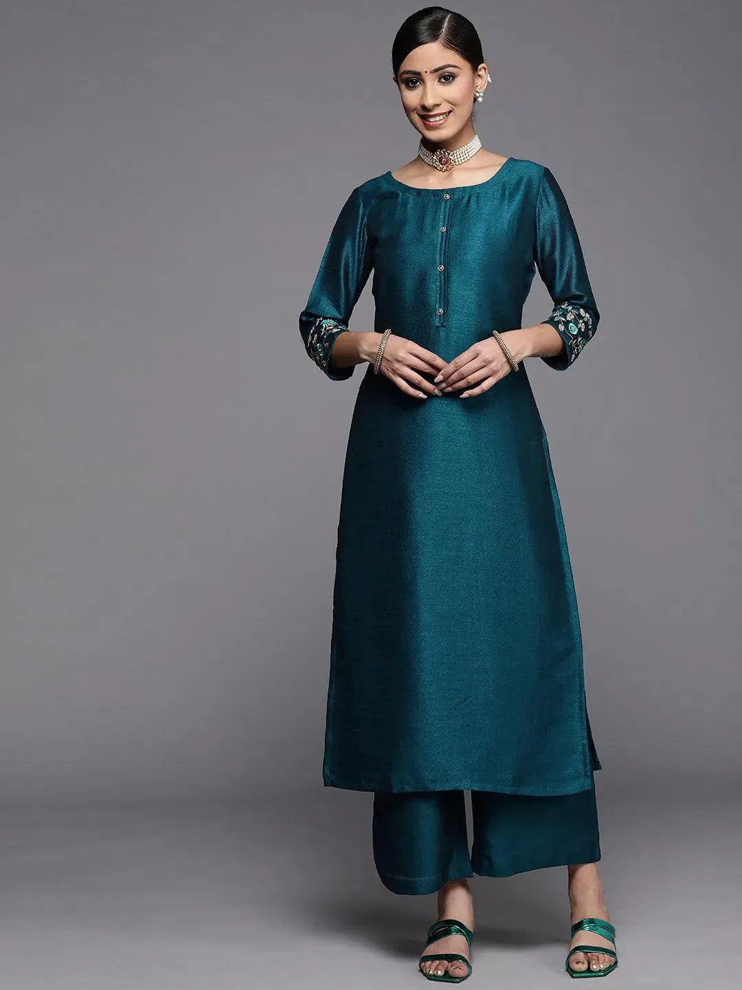 Teal Solid Silk Kurta - Libas