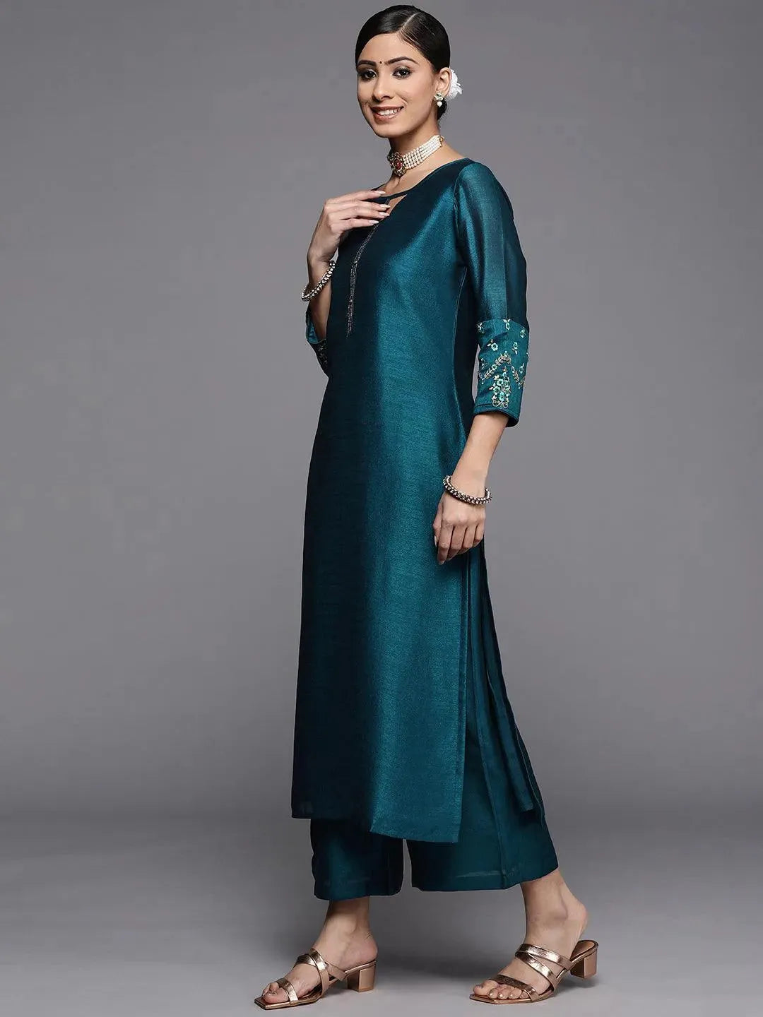 Teal Solid Silk Kurta - Libas 