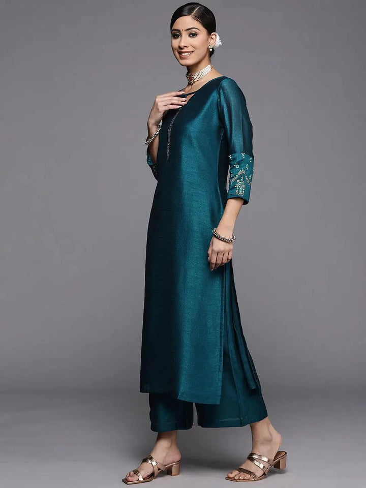 Teal Solid Silk Kurta - Libas