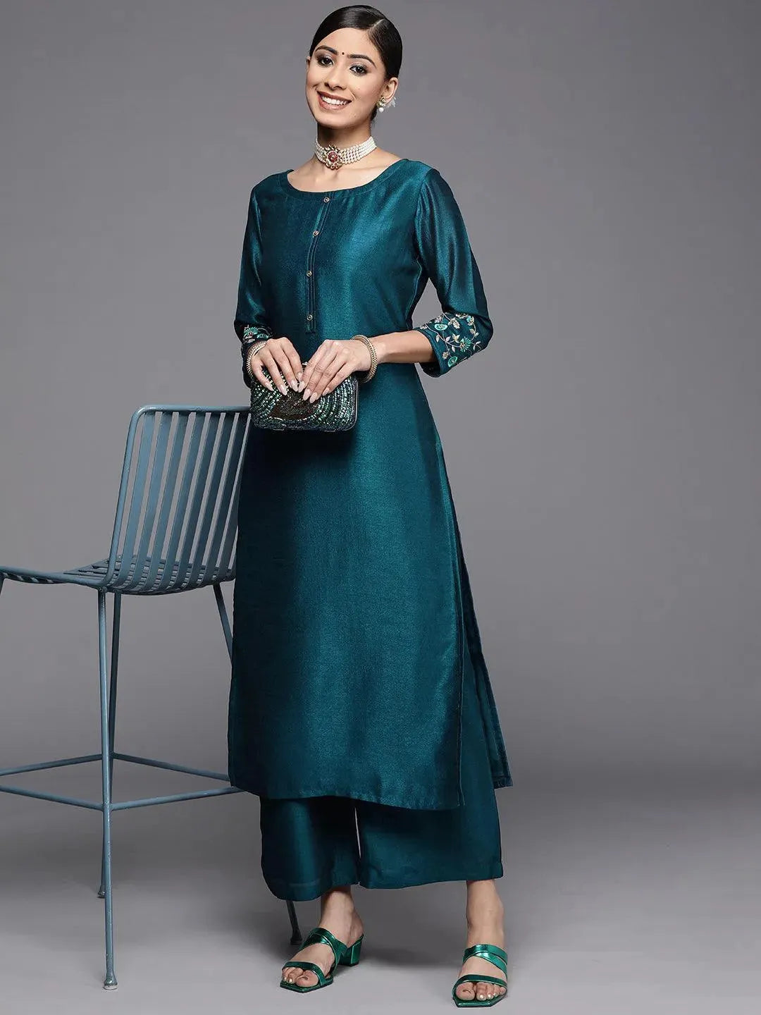 Teal Solid Silk Kurta - Libas