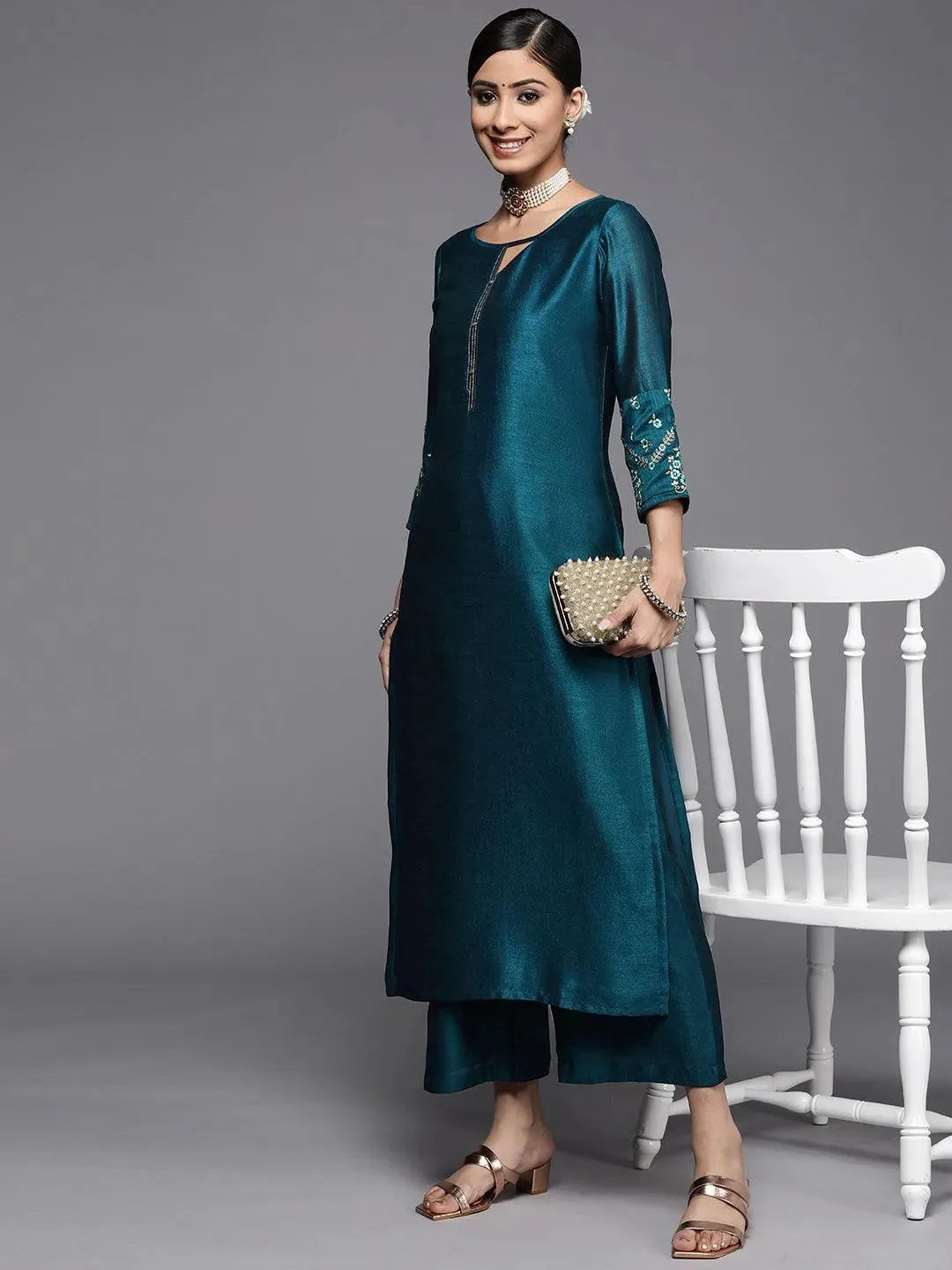 Teal Solid Silk Kurta - Libas 